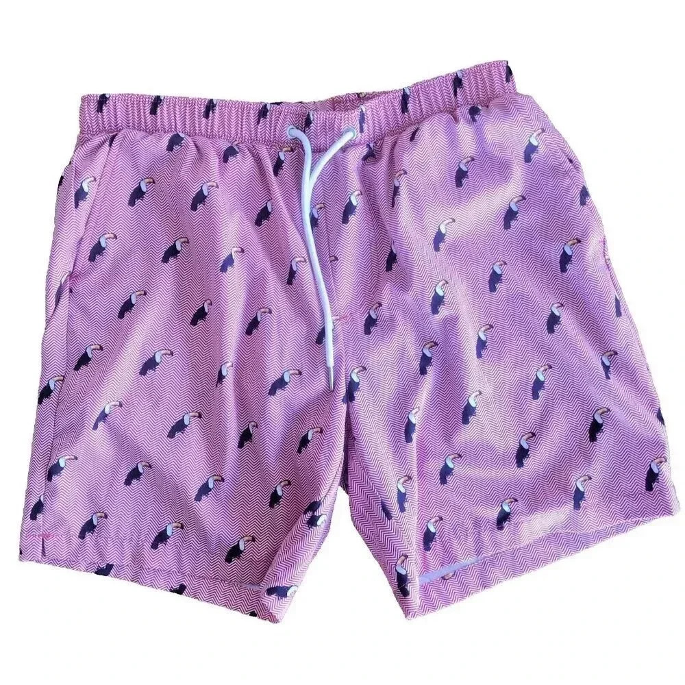 Mosmann Toucan Bird 6.5” Inseam Mens Large Lined Swim Trunks Hawaii Bathing Suit
